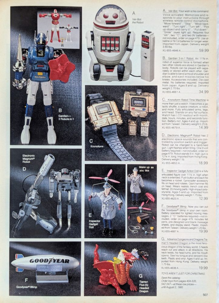 Cool Toys like Kronoform Watch, Inspector Gadget, and Tiamat from LJN Dungeons and Dragons in a vintage JCPenney Christmas Catalog 