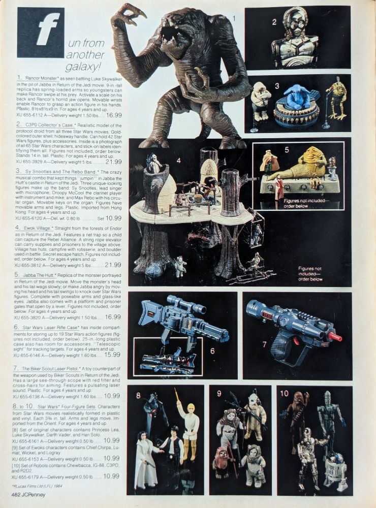 Kenner Star Wars figures, playsets, carrying case and child size blasters in a vintage Christmas Catalog 