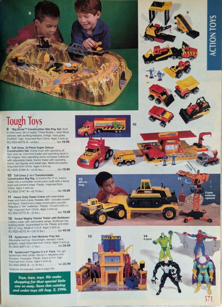 Construction vehicle toys and Spider-Man action figures in the JCPenney Christmas Catalog. Also ToyBiz Daily Bugle playset 