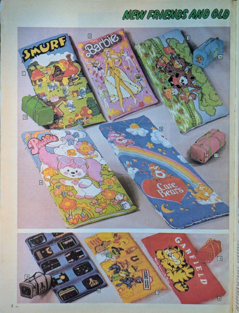 Child sleeping bags printed with licensed characters in a vintage Sears Catalog 