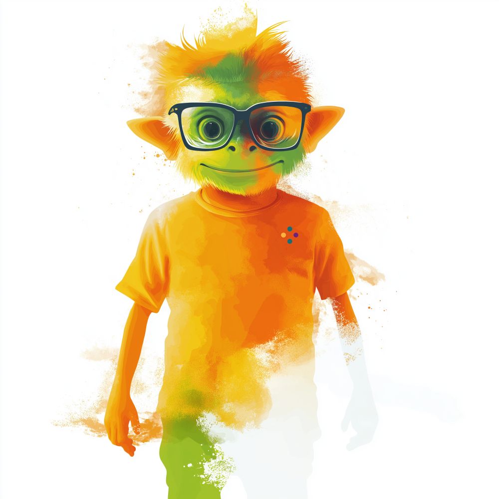 Monty, a character that looks like a hybrid between a human, a monkey, and a naughty boy! He's orange and green, ears glasses, and has a mischievous face
