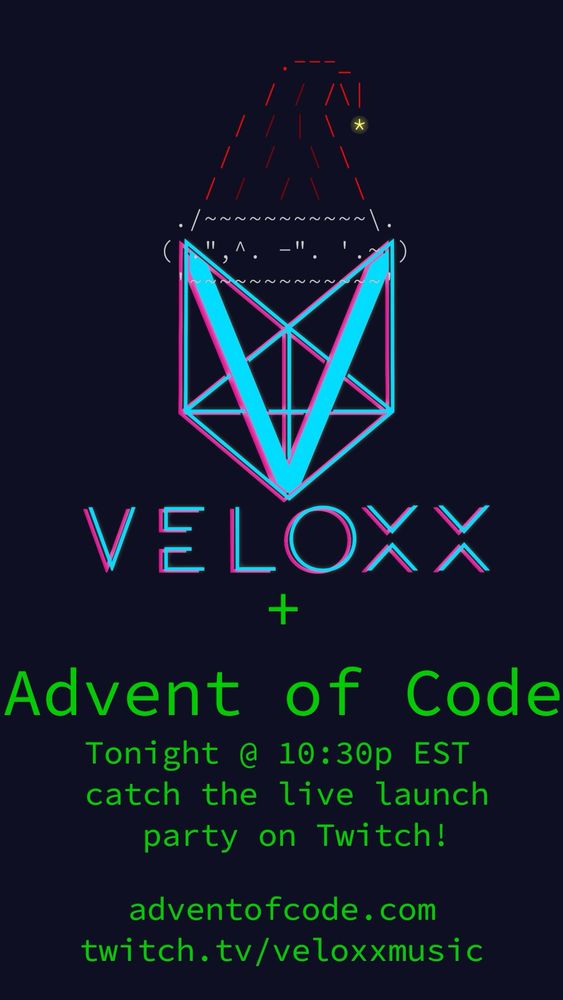 An infographic explaining the advent of code unlock party starts at 10:30p eastern on Twitch.tv/veloxxmusic