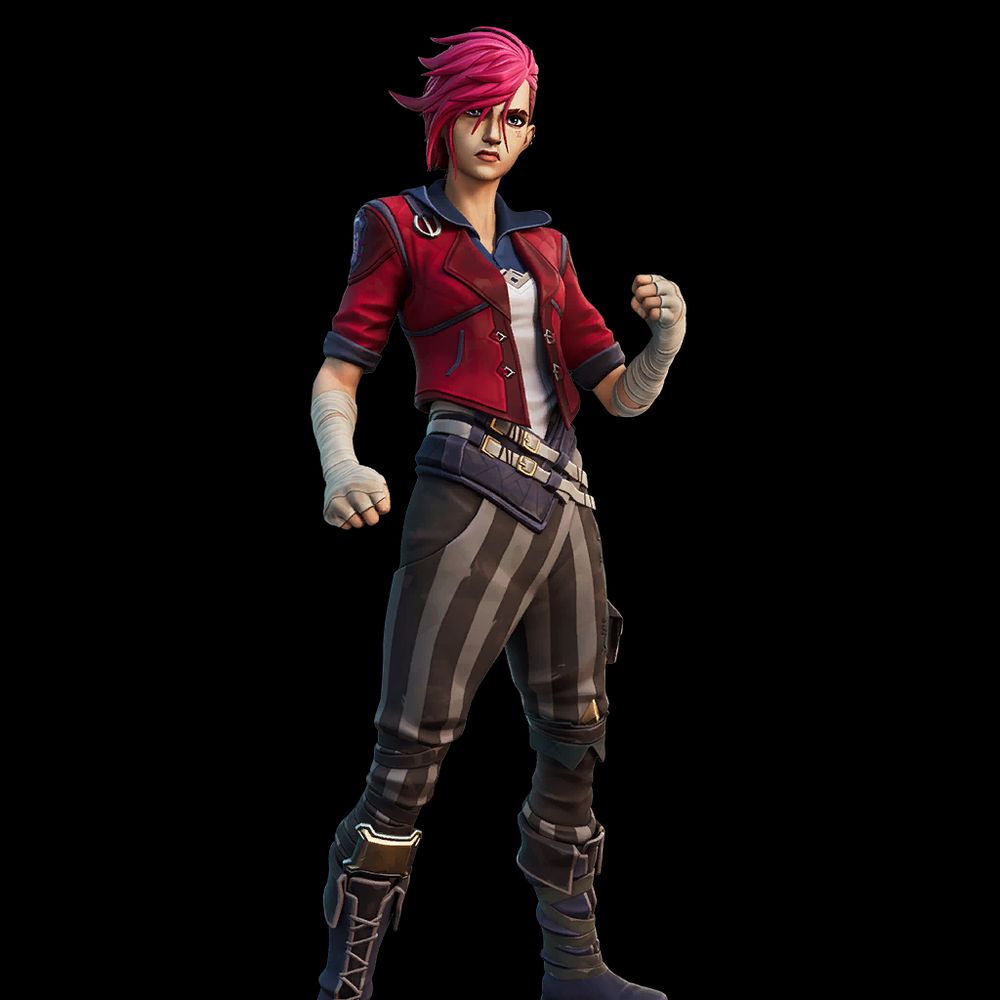 Vi de la série arcane, meuf giga badass avec des cheveux courts roses et une veste rouge entre autre