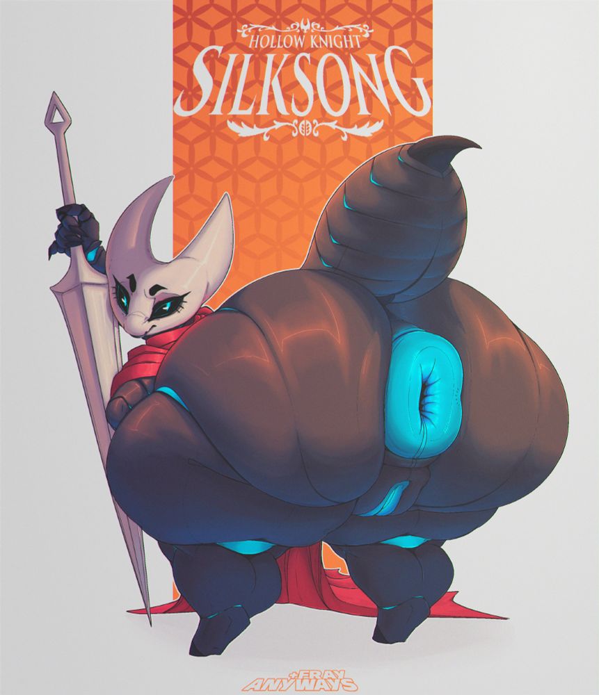 Hornet, an anthropomorphic female bug from the 2017 videogame Hollow Knight and the upcoming 2025 videogame Silksong, is bending over in front of a white background, her nail-sword being used as support. She is looking at us with an annoyed expression as her enourmous, wide, shortstack-y ass is exposed, her big glowing donut and pussy out for all to see. At the top we can see the logo for the game, which reads: "Hollow Knight - Silksong"