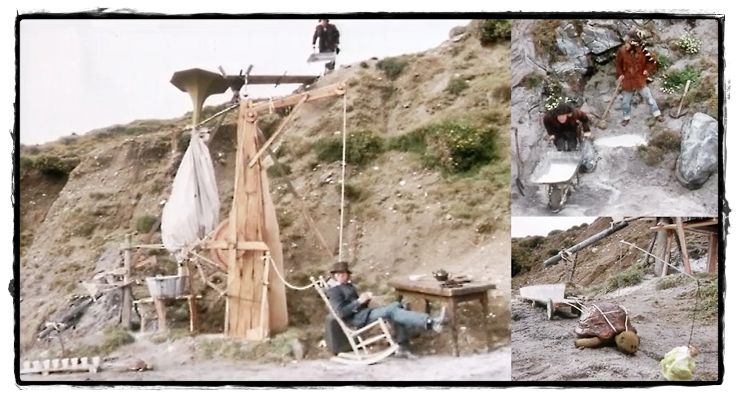 Bill and Tim hard at work mining cream; Graeme in rocking chair, powering the Old West Rube Goldberg Machine; a lettuce-induced tortoise pulling cups of cream!