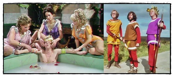 Tim in his imperial bath, attended by three concubines; the Goodies in imperial attire, guarding the road against an oncoming horde of Vandals!