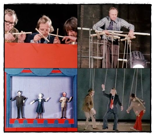 Graeme, Tim and Bill pulling the strings of Thorpe, Thatcher and Wilson marionettes; Jim Franklin pulling the Goodies’ strings!