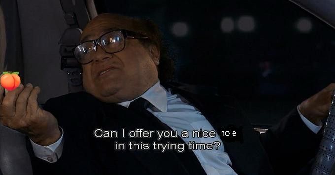 A meme of Danny Devito with text that says “Can I offer you a nice hole in this trying time?”