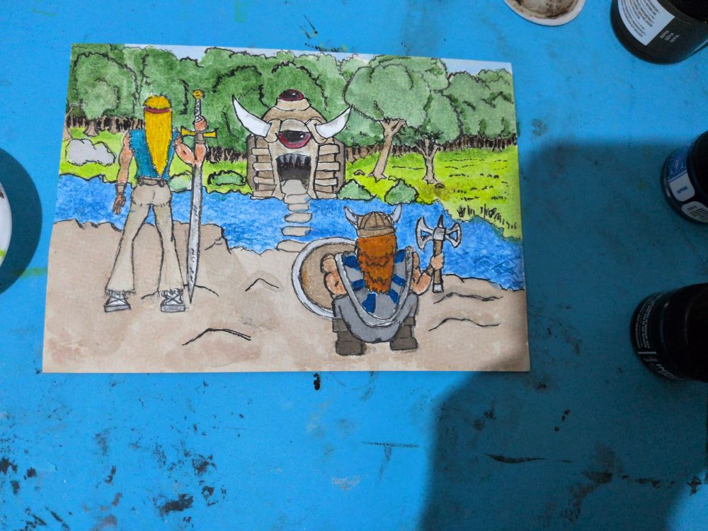 A dwarf and a muscly warrior chick looking at some foresty dungeon entrance. The dwarf lacking the cake do to an inking error.
Also a river