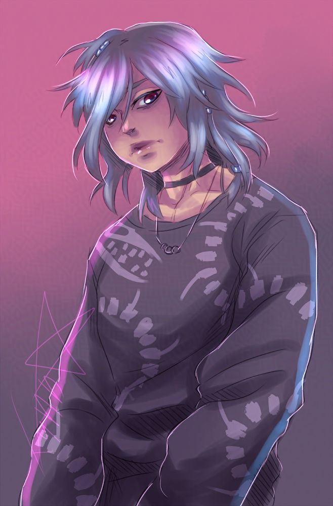 Opal (OC) looking at the viewer with tired/bored expression. He's wearing a choker, minimalistic necklace with three black rings and a black sweatshirt, which has some monster's skeleton print all over it.