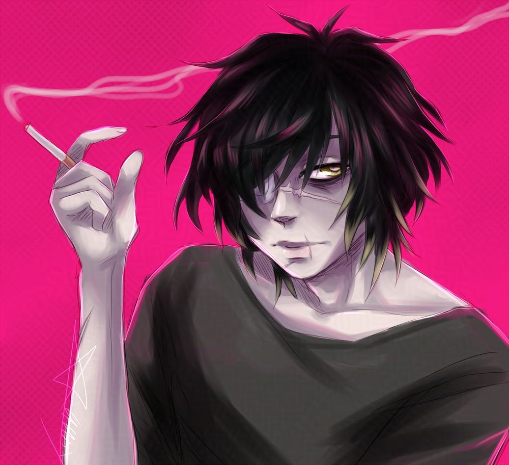 Towa from Slow Damage holding a lit up cigarette