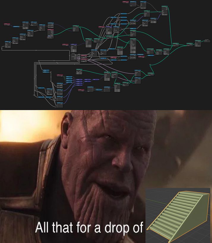 Two part meme. First part is a huge node cluster in Blender. The second part is Thanos saying, "All that for a drop of..." then an image of the stairs the nodes generated in the place of the word "blood".