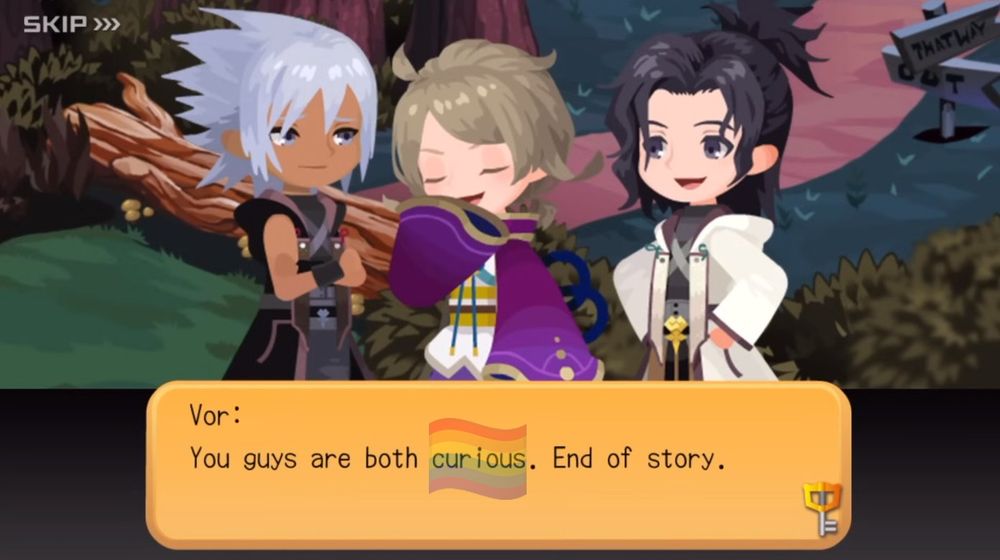 A screenshot from Kingdom Hearts Dark Road, with Xehanort, Vor and Eraqus standing in Wonderland. Vor stands between the two boys, with a speech bubble below them reading: "Vor: You guys are both curious. End of story." A rainbow flag is faded out behind the word "curious".