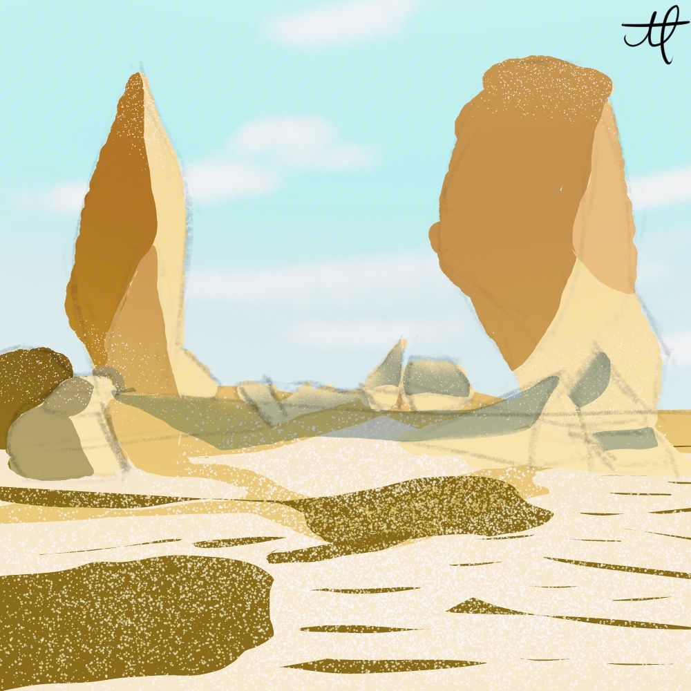 Digutal Environment study of a desert with large rocks and a clear blue sky