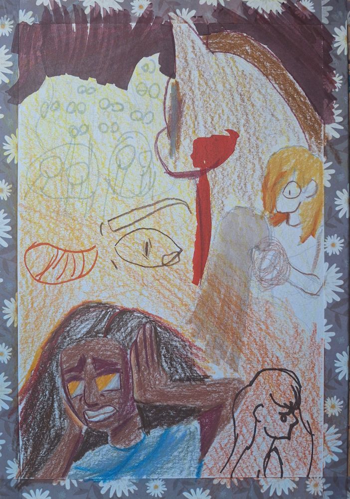 Colored pencil and alcohol marker drawing of Cassandra from the Illiad having visions if the trojan war 