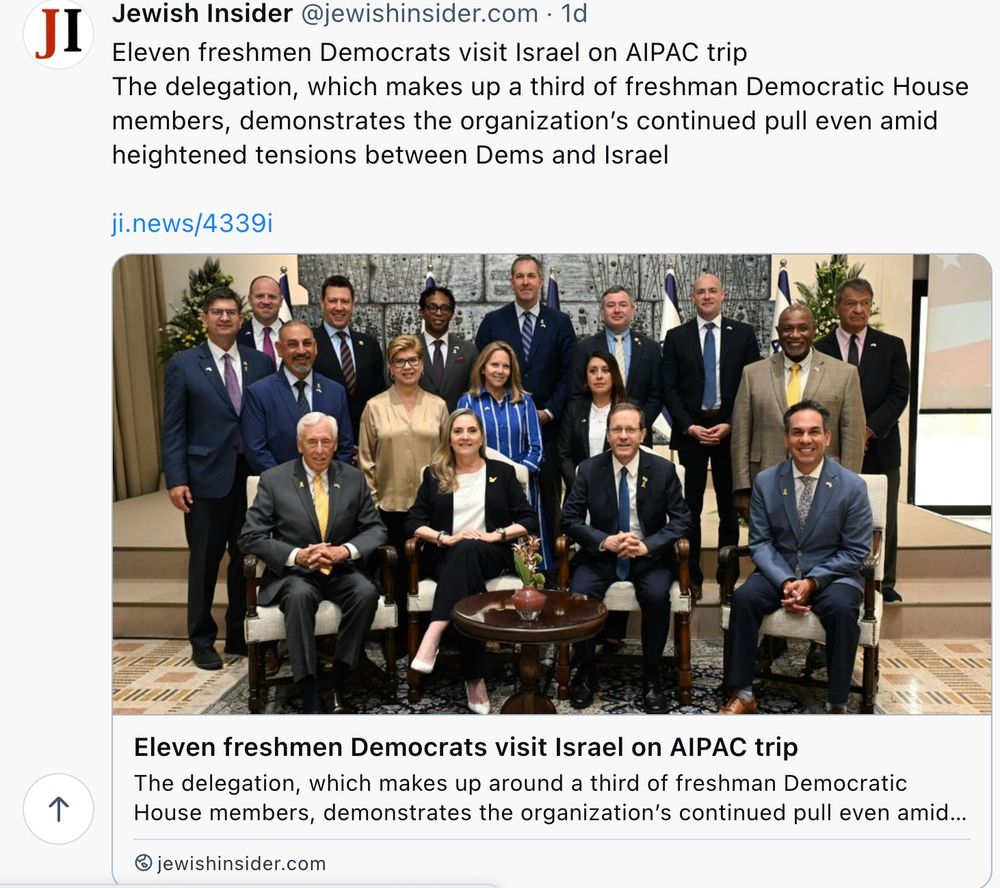a screenshot of a skeet from Jewish Insider with the headline Eleven freshman Democrats visit Israel on AIPAC trip