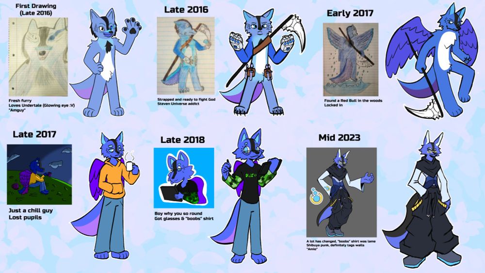 The evolution of my fursona from 2016 - 2023
