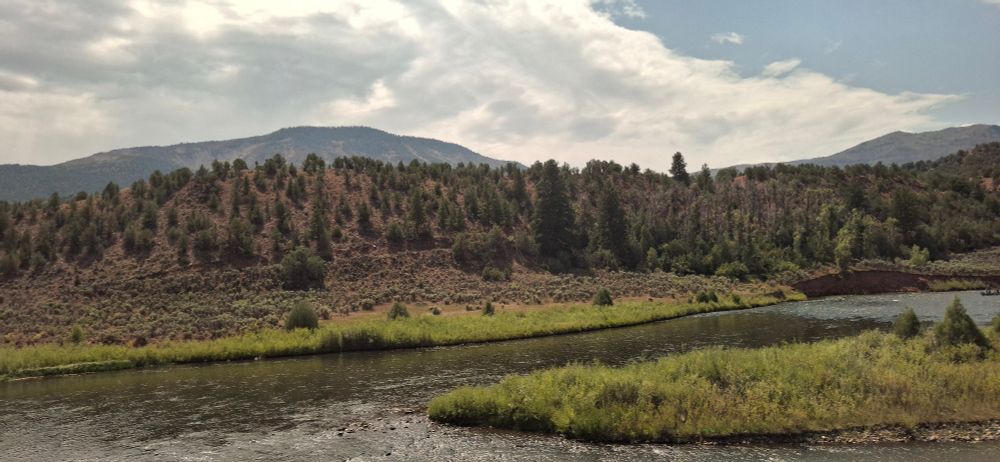 A river and sparsely forested hills with a grassy island, in Colorado