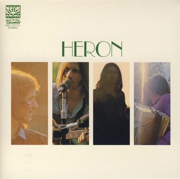 Cover art of the self-titled 1970 album by English folk band Heron. The word "Heron" appears in green font while four, equally sized, rectangular pictures of the band members appear underneath. 