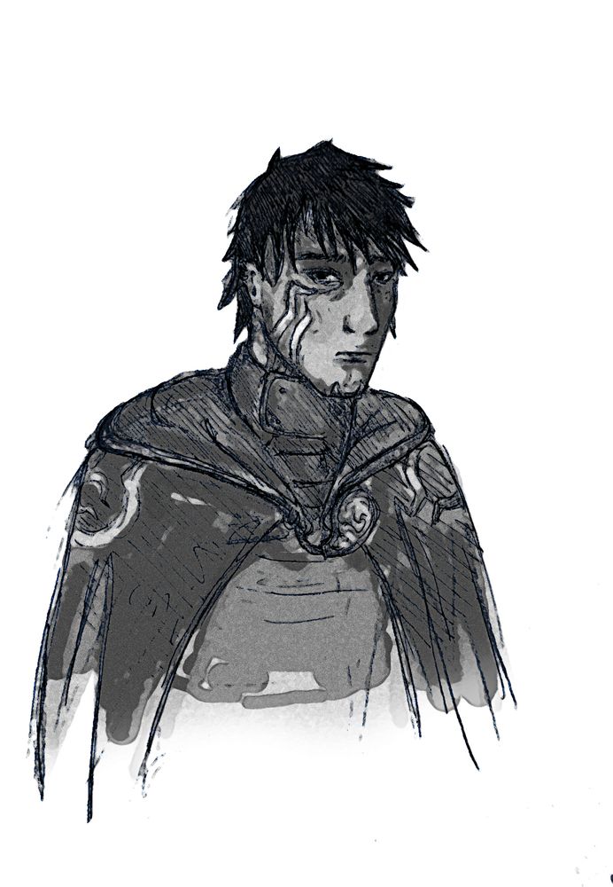 A sketchy drawing in black and white of Jace Belerenin 3/4 profile. He looks sad, guilty and tired with bags under his eyes and a furrowed brow. He is wearing is signature outfit with his cloak, hood down. 