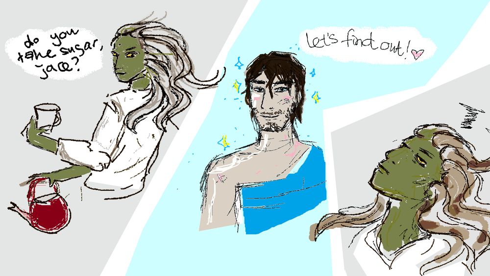 A drawing mostly in pixelated messy style from MS Paint, it has three panels. In the first, Vraska asks: "Do you take sugar, Jace", while holding a teacup in her hand and a teapot in her other, looking back over her shoulder. In the second, Jace says: "Let's find out" with sparkly eyes and an innocent look. In the third, Vraska is looking exasperated, rolling her eyes and tilting her head back. 