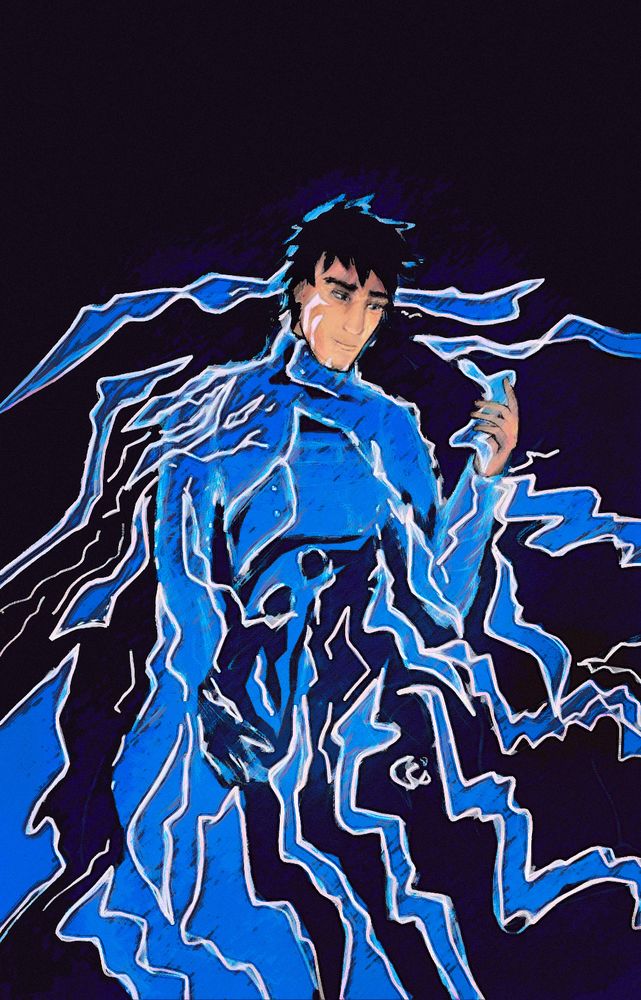 A drawing of Jace Beleren from MTG. It's not super cartoony but also not very realistic or ultra rendered. He is on a dark blue background and surrounded by magic. He is looking at his left hand which appears to be the source of the magic. The lower part of his body is dissolving into fractures of the same magic. 