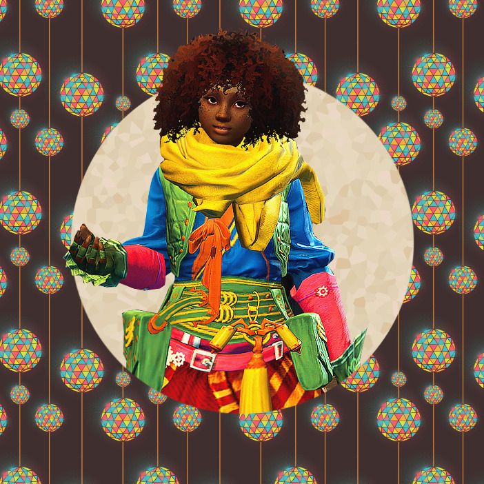 Luusie, a Guild Wars 2 human elementalist character. She is a young woman who has warm toned brown skin with freckles, and dark brown, tightly curled hair, as well as dark brown eyes. Her armor is super colorful, with a bright yellow scarf, blue undershirt, green vest and belt and a yellow-red patterned skirt.  Her belt has many pockets and little bags for all her wizardry needs. 