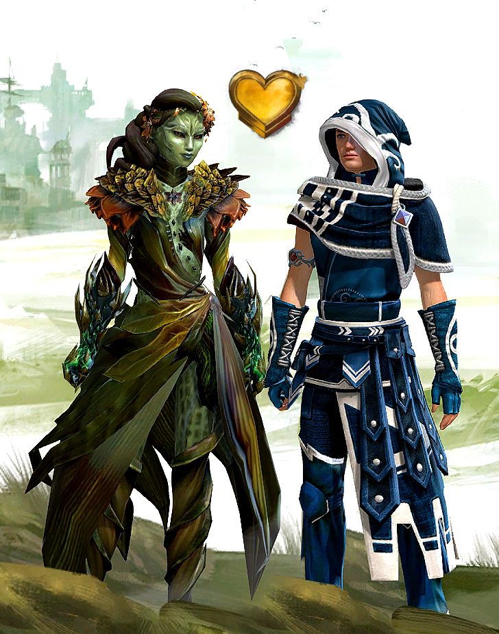 A screenshot from the MMORPG Guild Wars 2, featuring two characters that are customized to look like Vraska and Jace. The left character is a Sylvari in green with curly coiled hair resembling snakes somewhat, and a leafy dress that could pass for  Golgari fashion. On the right is an attempt to recreate Jace, with a mostly blue outfit with white detailing. He even has his hood, but the patterning is of course not quite right. Between them is the icon that Guild Wars 2 uses for renown quests/tasks, a yellow heart. 