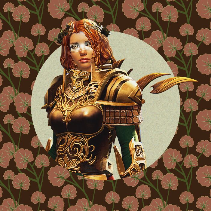 Clarente, a Guild Wars 2 Norn warrior character. She is a woman who has warm toned, light skin and red hair. At eye height, across her full face, is a white tattoo. She is wearing plate armor that is adorned with golden filigrees. 