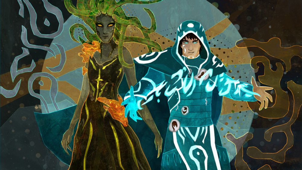 An artwork of Vraska and Jace Beleren from MTG. The overall piece is made up of vector shapes that are filled in with textured overlays and then outlined again. 

They are on a somewhat abstract background of dark teal and brown, with the teals on Vraska's side and the browns on Jace's side. In the middle of the backgroud is a circle, which contains Jace and Vraska from about the thigh up. Vraska is on the left, and standing elegantly, her snake hair wild and free. Her eyes are glowing golden and she is smiling slightly. Her dress is sleek and simple, made of vines and the shoulder and hip are adorned with orange mushrooms. 

Jace is next to her in his classic Jace the Mind Sculptor pose, hands held wide, with the magical symbols in between. His hood is up and his eyes glow blue. His cape is behind him and also behind Vraska, framing them both. 

Additional decorations in the form of little "halftone" like circles are added like bit of a halo behind Vraska, and also behind Jace's shoulders so that they align with his silhouette. Finally, to the left of Vraska swirly magical symbols that resemble Jace's cloak pattern are incorporated in the background, and similarly, to Jace's right, organic looking mushroom shapes representing Vraska's golgari heritage are incorporated in the background. 
