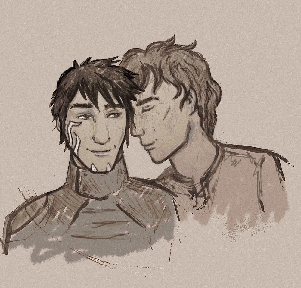 A sepia toned sketchy drawing of Jace Beleren and Kallist Rhoka from MTG. Jace is on the left, facing the viewer and but looking to his left, a content and loving expresson on his face. To his left is Kallist, drawn in side profile, he is slightly behind Jace and leaning Jace's temple with hsi forehead. Kallist is also slightly smiling and has his eyes closed. They are very cute together and clearly in love. 