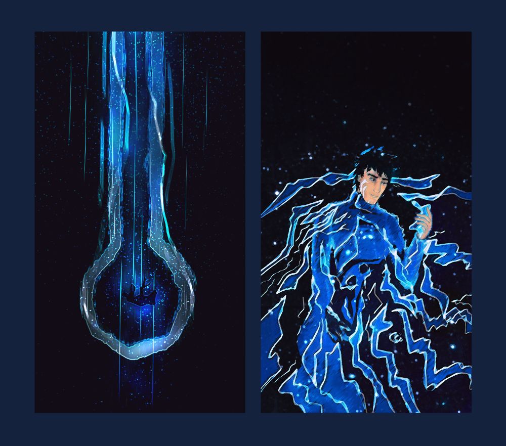 A pair of two artworks featuring Jace Beleren from MTG. In the first one, he is seen falling through empty, dark space, a silhouette against a background. Around him, blue and white energy trails, loosely resembling the iconic eloganted circle shape that he also wears on his clothes, except upside down. There are also sparkles all around him.

The second one sees Jace more closely, he is seen from the front, looking at his left hand which he has raised. Magic is flowing around him, dissolving his body into jagged cracks from his chest downward. He is smiling slightly, not aware  of this or not caring about it, and looking at the magic swirling around his hand. All around him are once again sparkles interspaced with the jagged pieces of magic. 