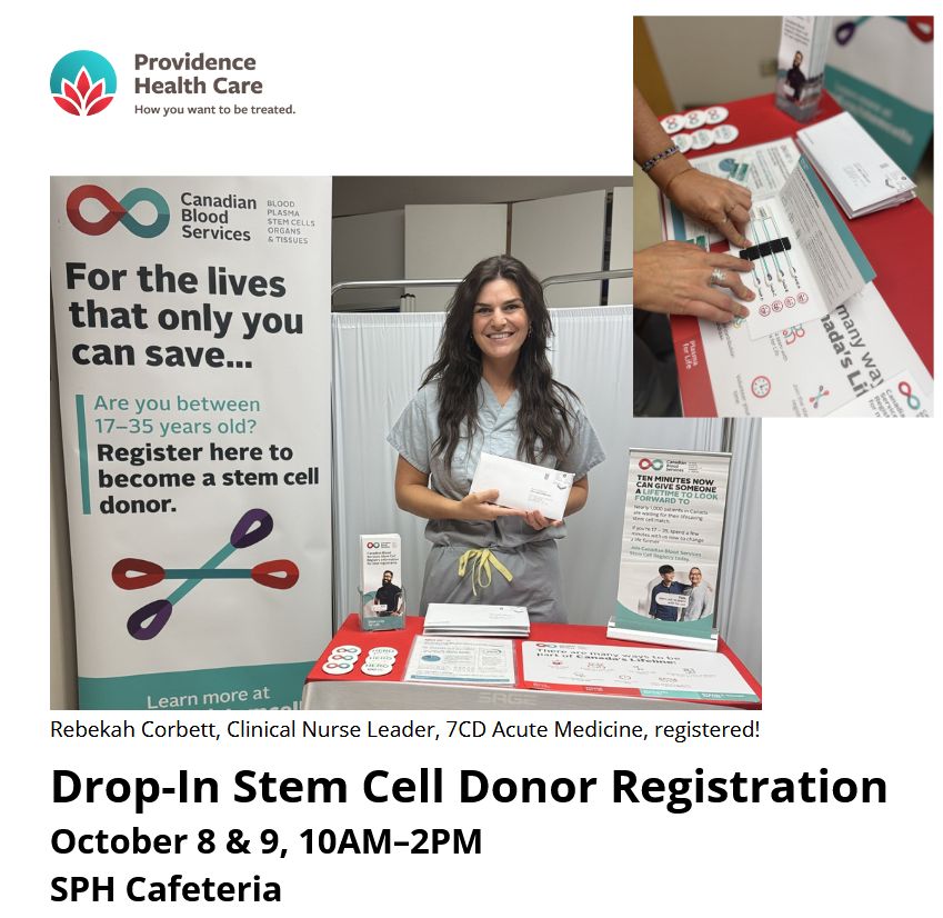 A woman stands smiling at a registration table with Canadian Blood Services materials for stem cell donor registration. Text reads:
Drop-in Stem Cell Donor Registration
October 8 @ 10:00 am – October 9 @ 10:00 am

