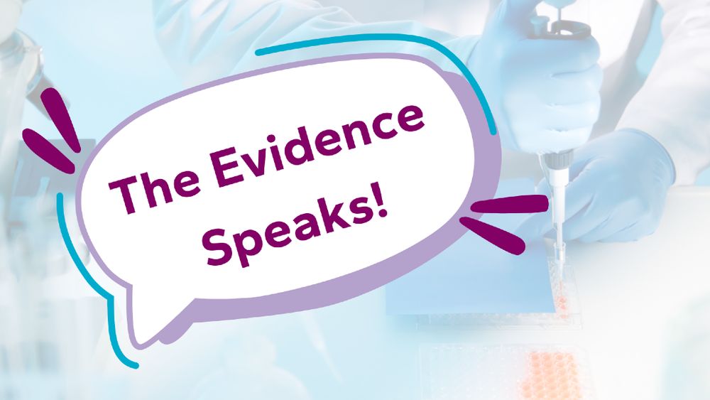 Text "The Evidence Speaks!" in a speech bubble over a background of a scientist pipetting in a lab.