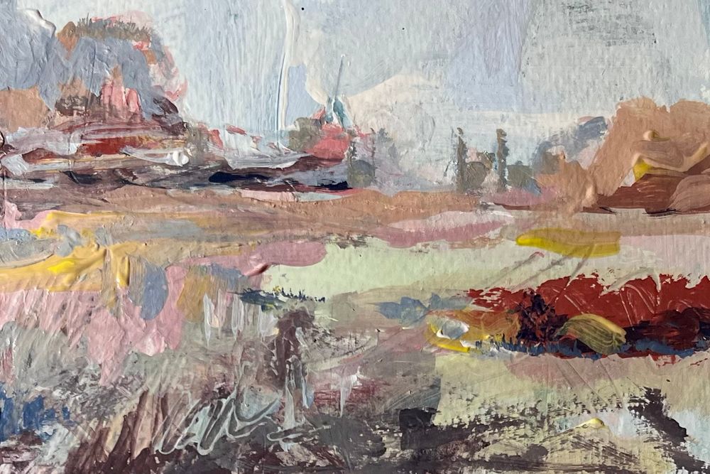 This is a mixed media painting of a landscape