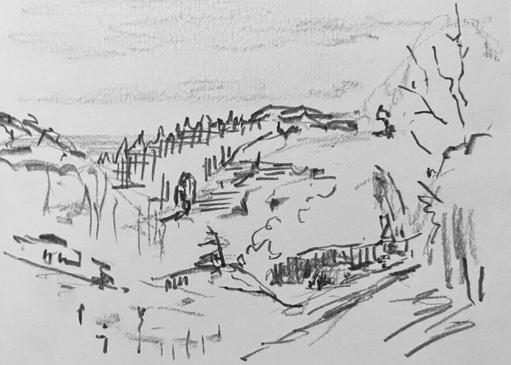 This is a landscape graphic sketch. It's a pretty stereotypical beautiful rolling hills landscape. Sketched loosely.