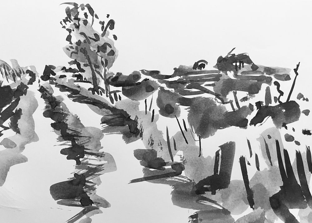 This is an sketch of a road going over the brow Hill.  on the right hand side and there's a hedge with a tree halfway up the road