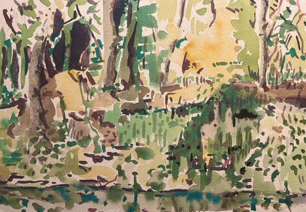 This is a watercolour painting of a canal path from the other side of the canal