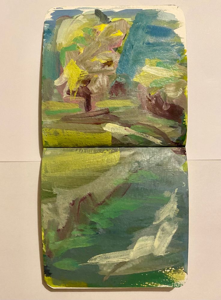 This is a watercolour and gouache landscape painting. It has been painted very loosely using all the colours in the rainbow or at least in my little tin palette. 