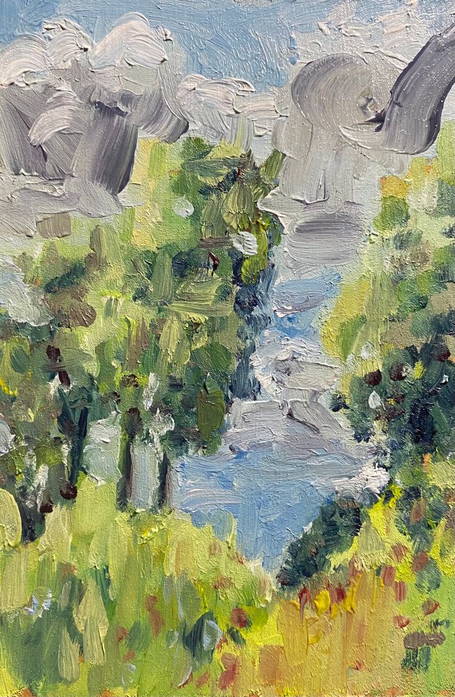 This is a landscape painting in oil painted on board. 