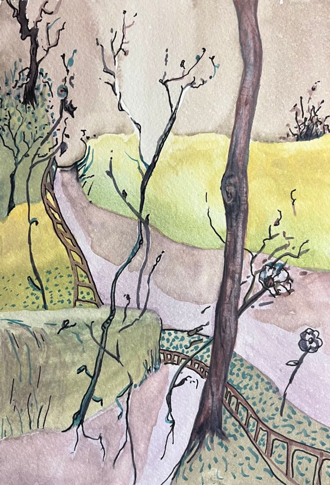 This is a landscape watercolour painting of a road looking both up and down it as well as in the hedgerow. 