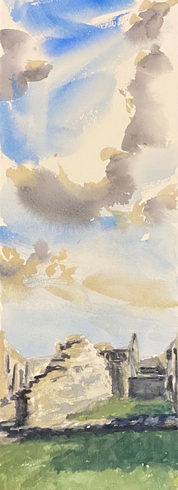This is a watercolour of Tintern Abbey. The Abbey is in ruins and the POV is from one of the rooms. The floor is now grass and the roof and walls have long gone. The sky has some big wispy clouds that are starting to glow warm from the Sun being low in the evening sky. 