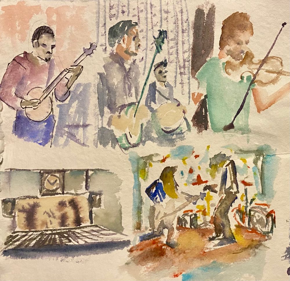 These watercolour sketches were painted in five minutes. 
For that reason, they're very loose . On the page is five separate paintings all fairly colourful.