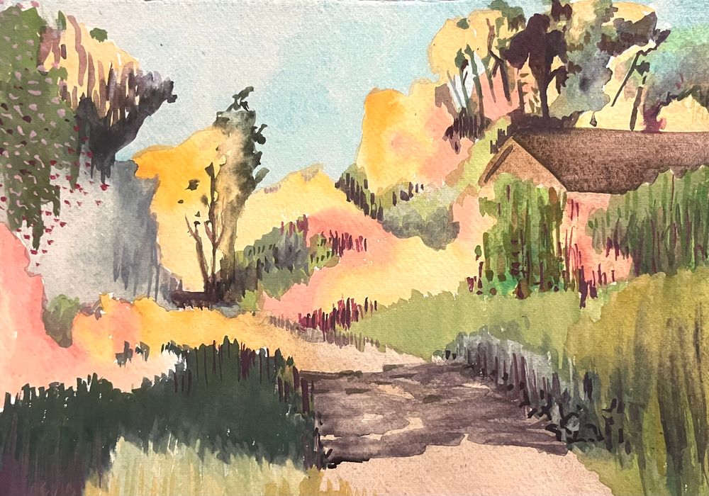 This is a watercolour painting a a country path. 