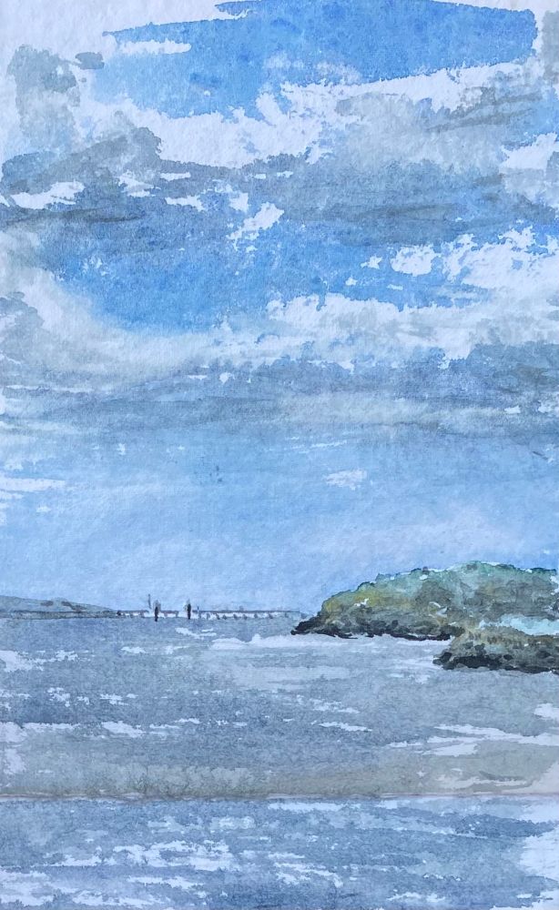 This is a plain painting of the Bristol channel on the right hand side of the painting you can see a bit of land. This is England in the very very distance. You can see the bridge connecting England and Wales. Most of the pictures is blue with sky there's a few clouds and some reflected light light in the estuary. 