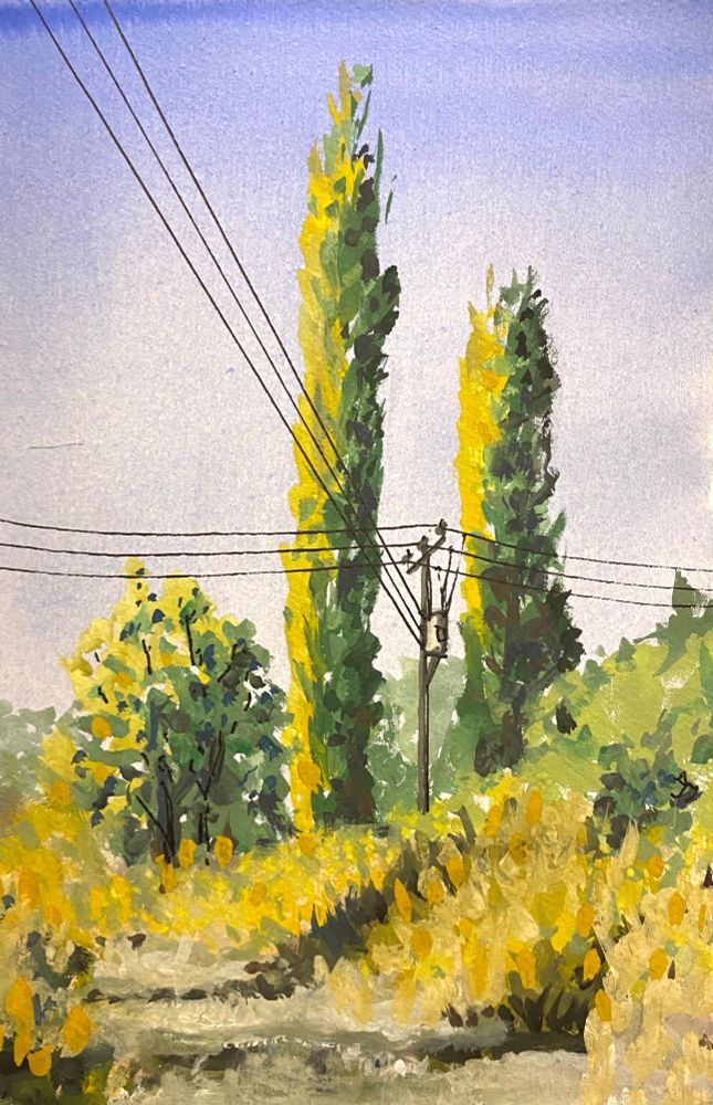 This is a gouache painting of a rural pathway with some tall trees and some shrubs. There is also an electricity pylon in front of the trees and the wires are passing overhead as well as crossing the page. 