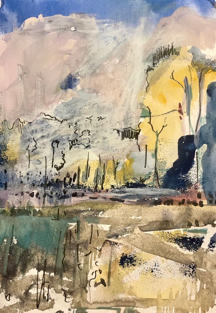 This is a abstract mixed media painting of a landscape scene.
