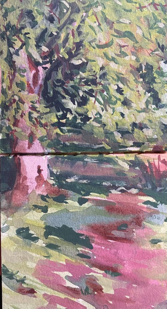 This is a photogrqph of an open sketchbook. Across voth papes is a watercolour painting of a pathway in a park that sneaks past a tree with a low hanging crown. Probably a path doggs love getting there zoomies out on. The browns in this painting are very vibrant, to such an extent that they are quite a vivid pink. 