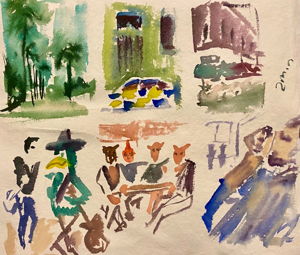 These watercolour sketches were painted in two minutes. 
For that reason, they're very loose . On the page is six separate paintings all fairly colourful.
