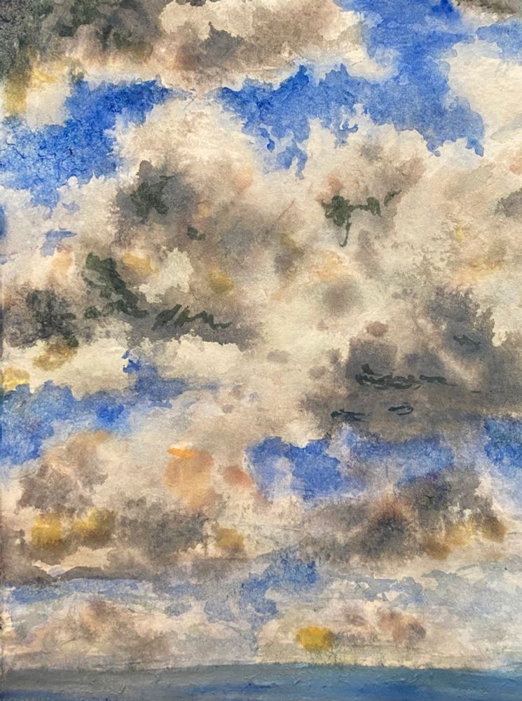 This is a watercolour painting of some clouds above the sea. The clouds are pretty broken up a bit like at the start of The Simpsons if you're familiar with that.. sort of like cartoon clouds, high contrasting. 